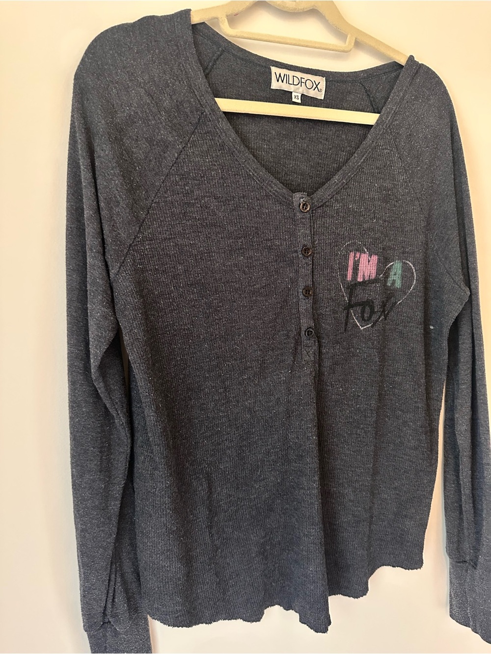 Wildfox Dark Heather Gray Henley with Pink & Teal Heart Graphic